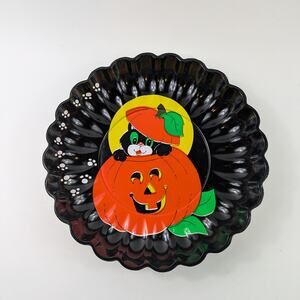 Vintage Halloween Candy Bowl Dish Black Cat Jack O Lantern Pumpkin Plastic 9.5"